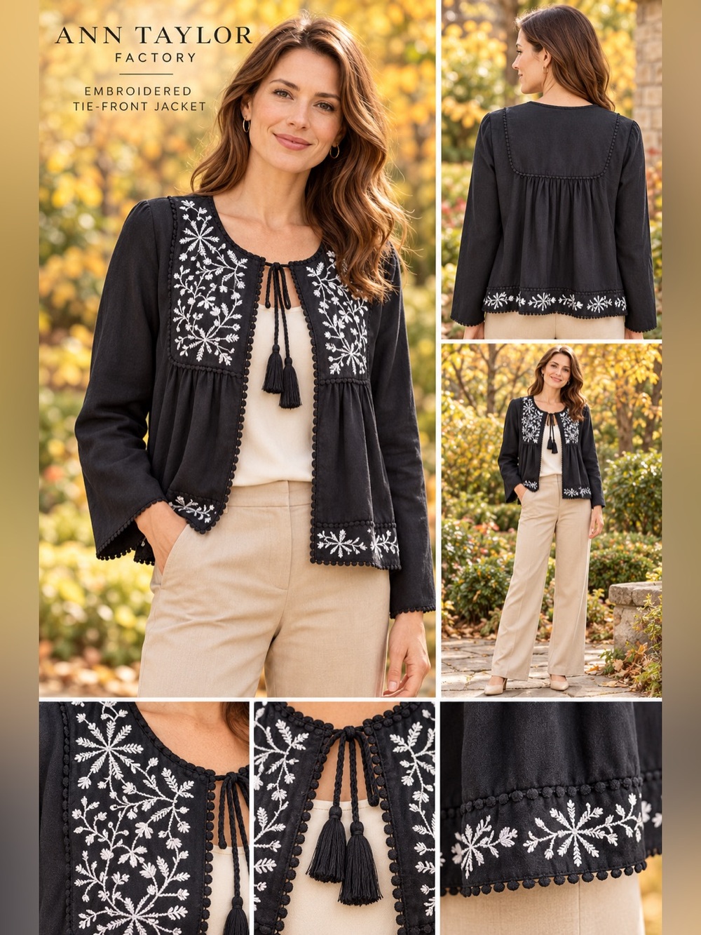 Ann Taylor Factory Black White Embroidered Tassel Tie Front Jacket L